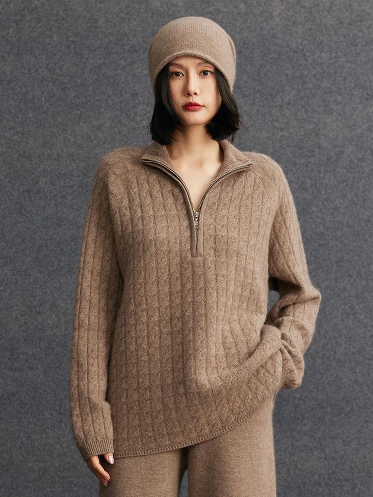 Women's Cashmere Half-Zip Lapel Solid Sweater - 2026 Autumn/Winter Collection, Loose & Slimming Design