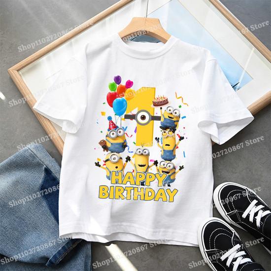 Minionses Birthday 1-9 Number T-shirt Clothing Baby Cartoon Anime Short Sleeve Party Cute Shirts Summer Casual Tee Top Gifts