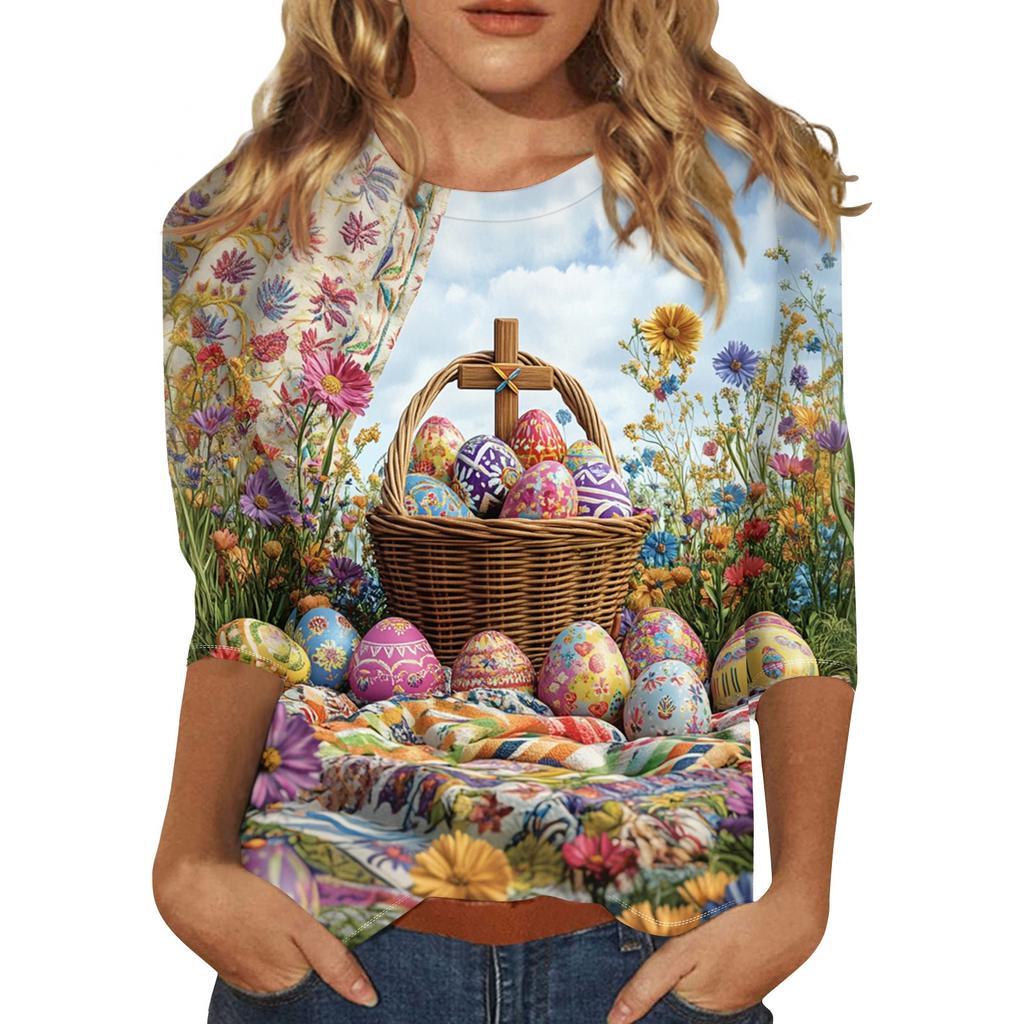 Women's Fashion Loose Casual Seven Sleeve Printed Round Neck Top