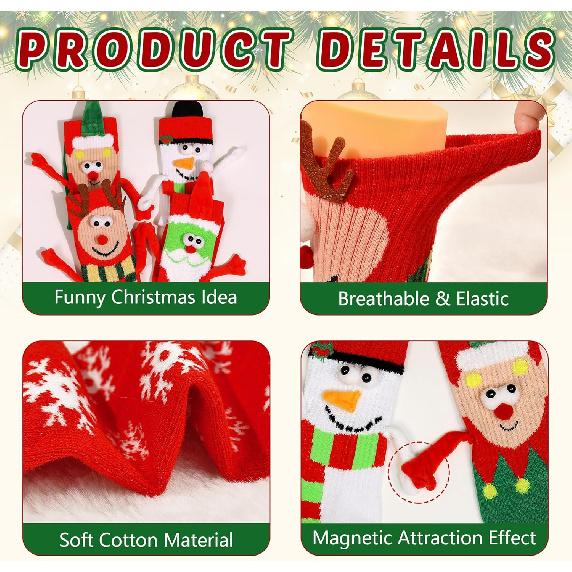 4 Pairs Funny Christmas Socks Magnetic Hand Holding Stocking Stuffers for Women Men Couples, White Elephant Exchange Gifts, Xmas Secret Santa Gag