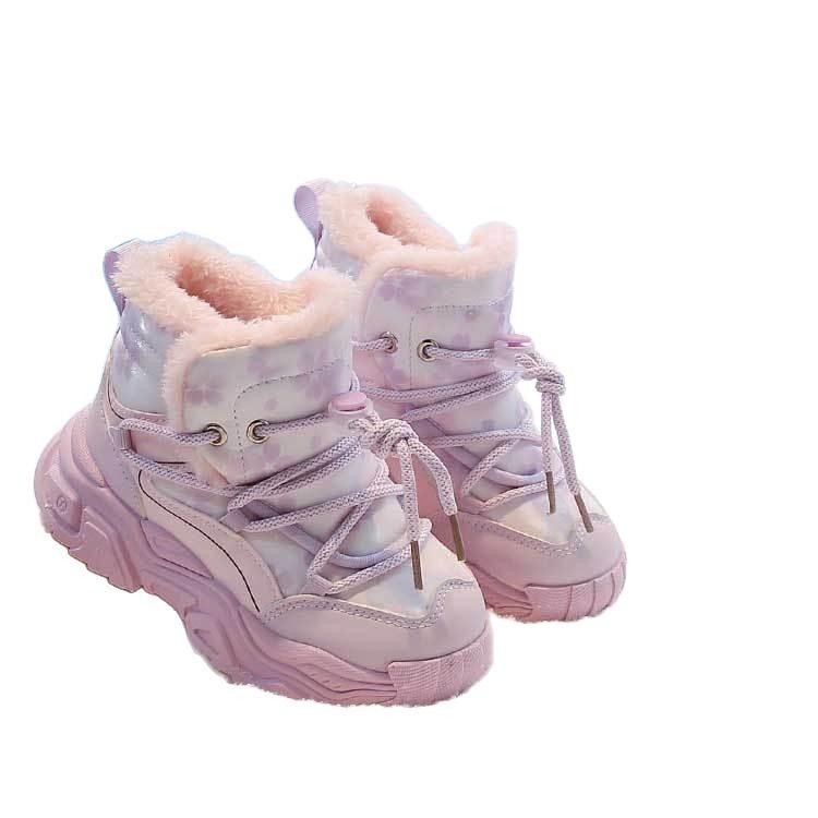 Girls' large cotton sneakers suitable for sub-zero temperatures, winter cotton shoes, waterproof, fleece-lined, warm and thickened, children's