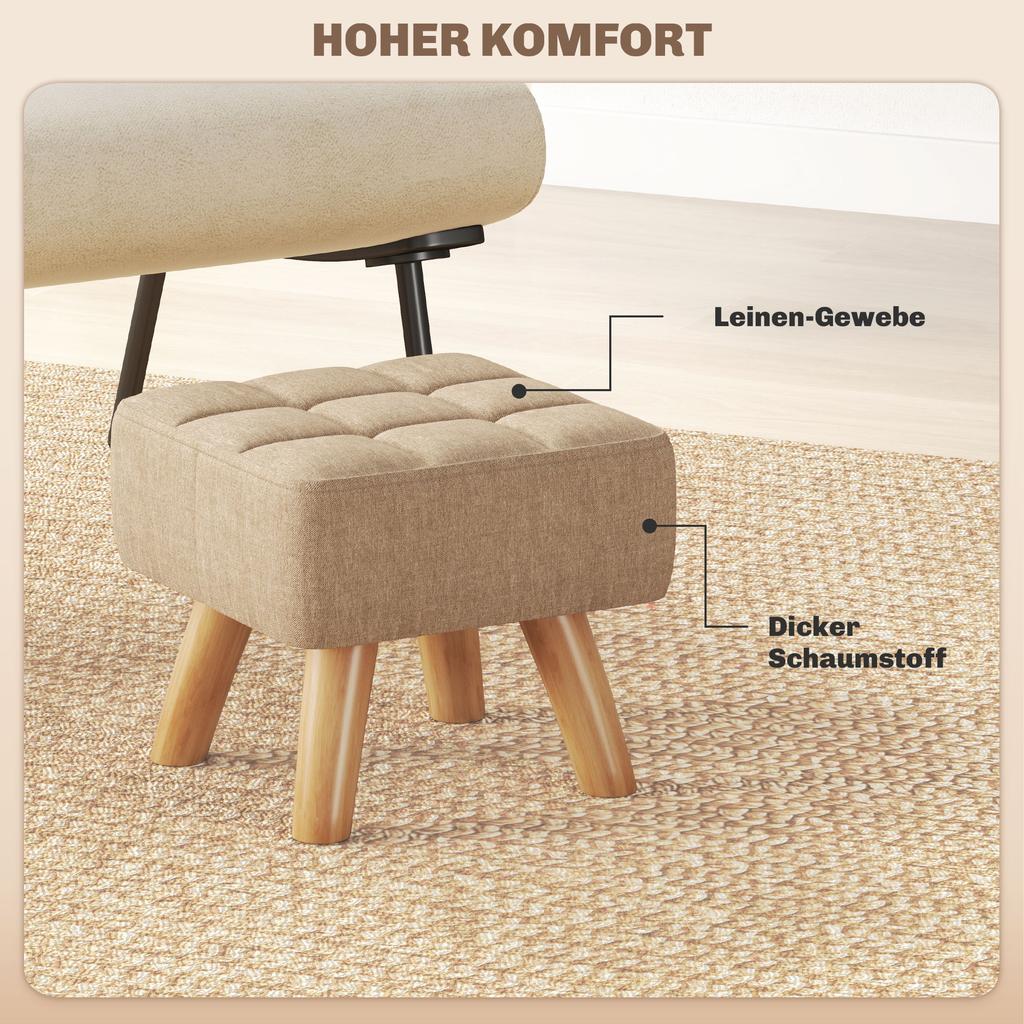 Footstool with Padding, Linen Look, Wooden Legs, Load Capacity up to 110 kg, Brown