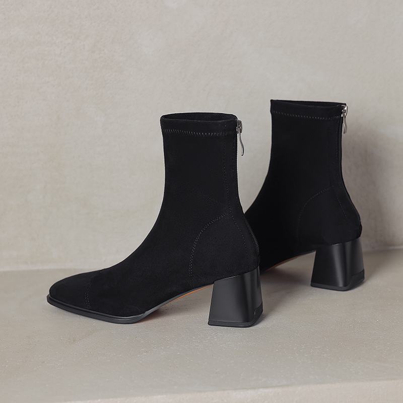 Krazing Pot Microfiber Flock Square Toe Winter Thick High Heels Fashion Boots Women Size 42 Elegant Patch Work Ankle Boots