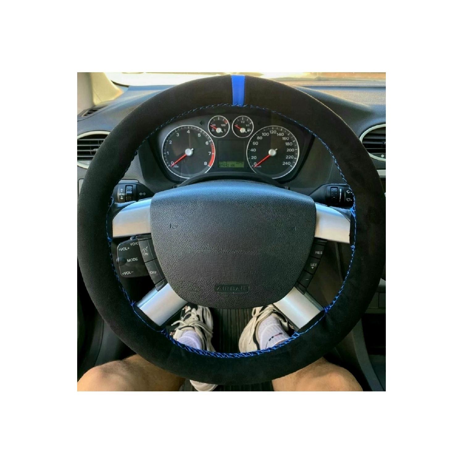 

Ford Connect Compatible Strut Steering Wheel Cover With Alkantra Blue Ring