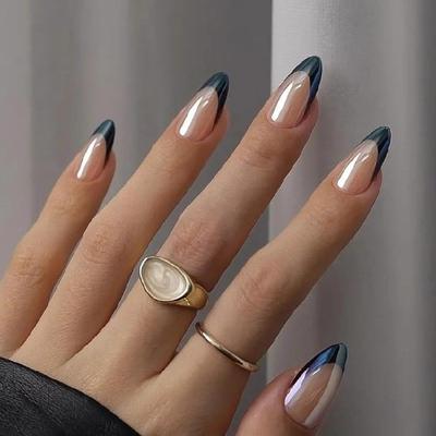 24pz Unghie Finte alla Moda French Stick-on Mandorla Media Stick-on Unghie Copertura Totale Press-on Unghie Manicure Nail Art
