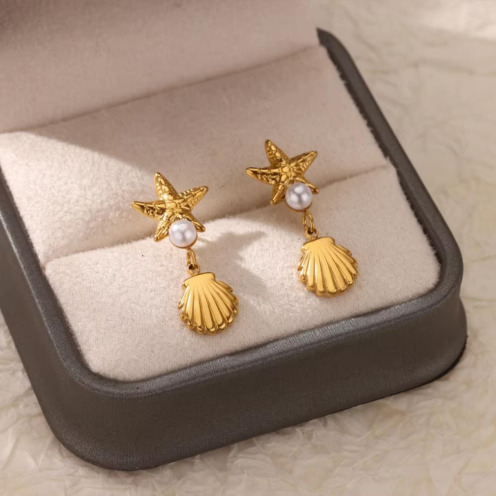 Dainty Hanging Shell Pearl Starfish Stud Earrings For Women Elegant Gold Color Stainless Steel Drop Earrings Jewelry Party 2025