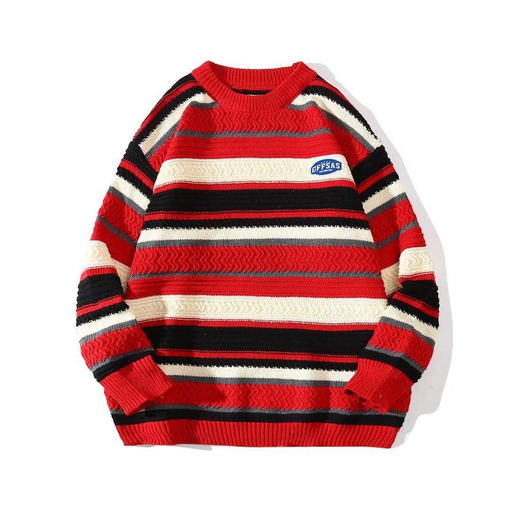 Men's Trendy Autumn Striped Knit Pullover Sweater, Casual Loose Fit, Round Neck, Long Sleeve