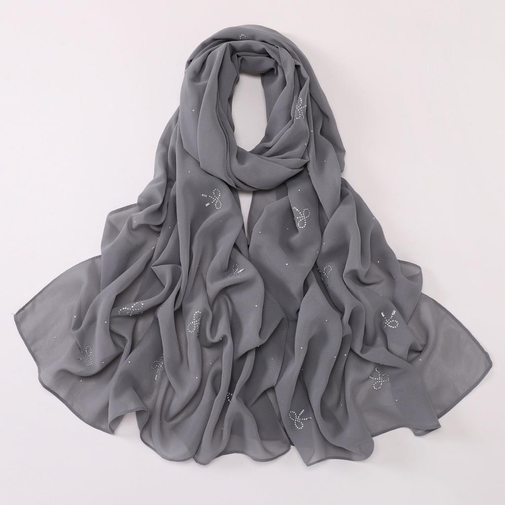 Pearl Chiffon Starry Bow Rhinestone Long Scarf Muslim Women Headscarf