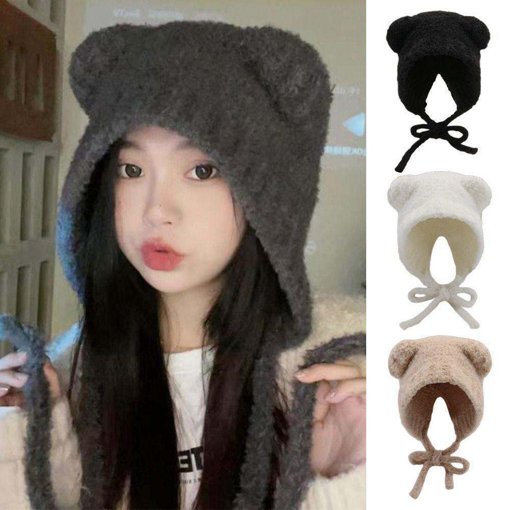 Lace-up Ear Protection Hat Warm Plush Beanie Cap Cute Bear Ears Knit Hat Cold Weather
