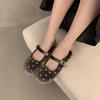 Retro red rhinestone round head shallow mouth single shoes women's 2025 French temperament ballet flat Mary Jane shoes half drag