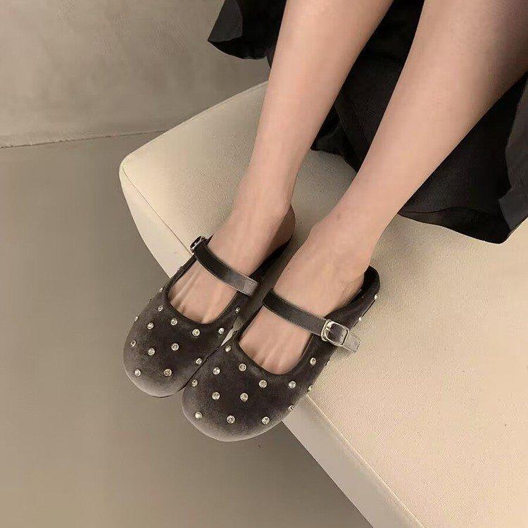 Retro Red Rhinestone Round Head Shallow Mouth Single Shoes Women's 2025 French Temperament Ballet Flat Mary Jane Shoes Half Drag