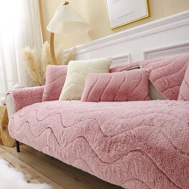 Nordic Plush Sofa Cushion Solid Color Sofa Cover Quilting Thicken Warm Sofa Towel Anti Slip Armrest Backrest Pillow Living Room