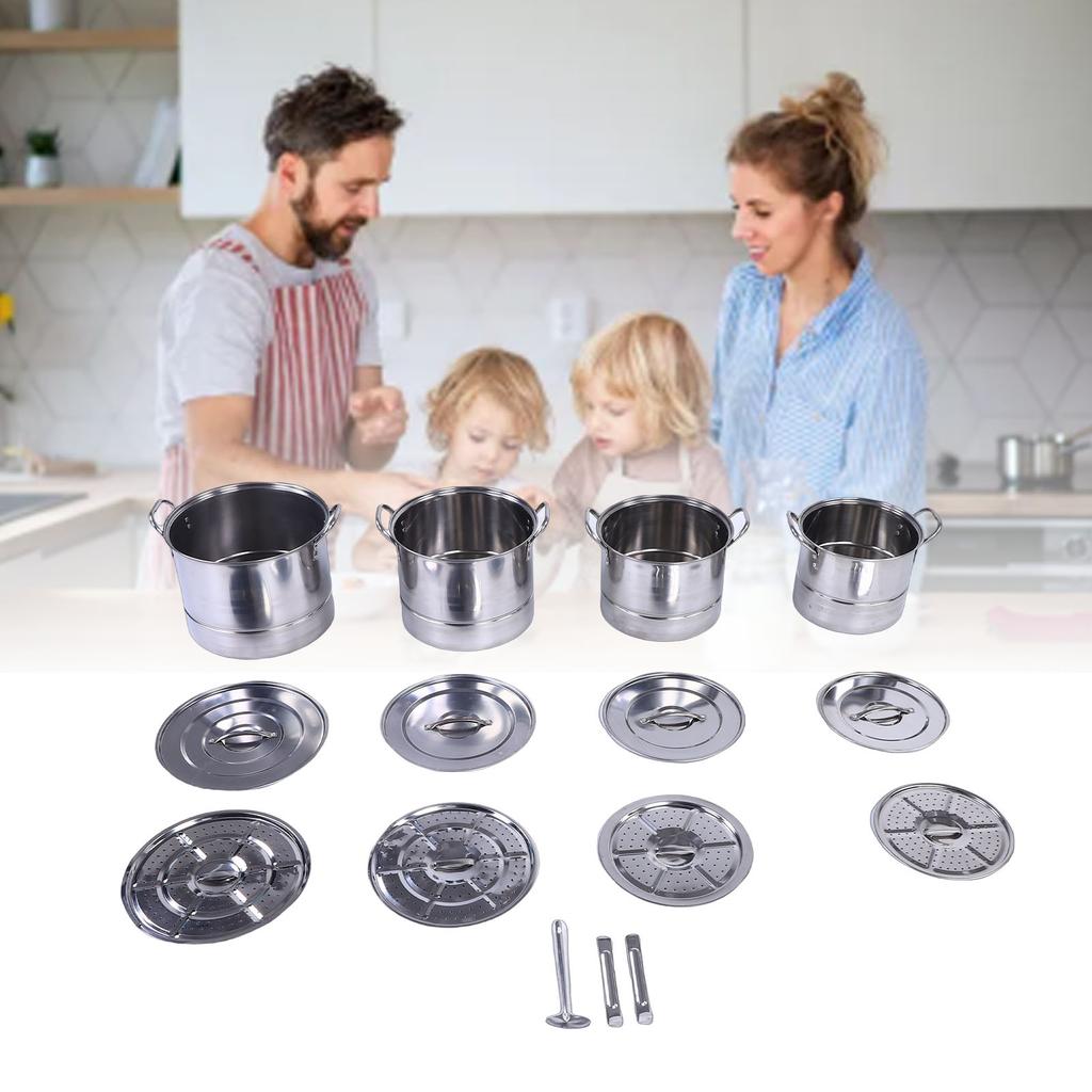 4PCS Stock Pot Set Stainless Steel Induction Cookware Soup Pot with Steam Rack for Kitchen Cooking
