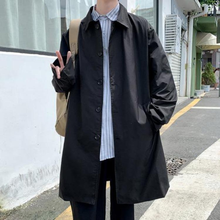Men Double Breasted Windbreaker Coat Long Sleeve Lapel Solid Color Loose Fit Casual Mid Length Trench Coat with Pockets
