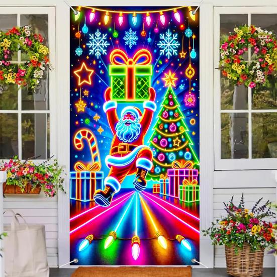 Fluorescerande Juldörröverdrag 71x35 tum Lyser i Mörkret Dörrbanner med Jultomte Gran Presentask för Vinter ytterdörr Fest Väggdekor