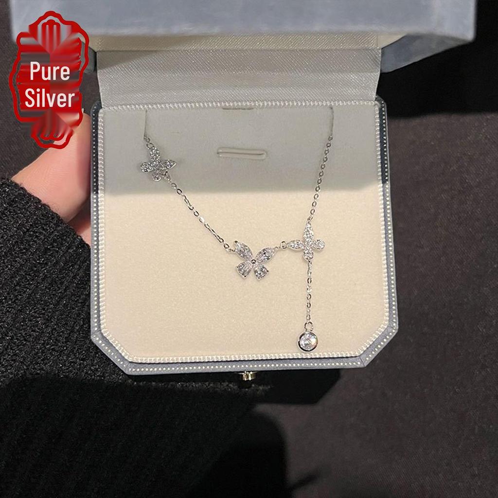 Sterling Silver Butterfly & Zirconia Tassel Necklace - Light Luxury Clavicle Chain for Women