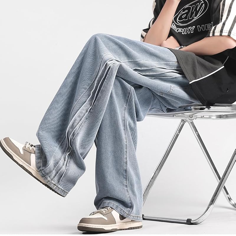 [Maioulers] wide denim denim pants jeans baggy pants jeans wide string adjustment big size Relaxing casual Pants (blue, 2XL)