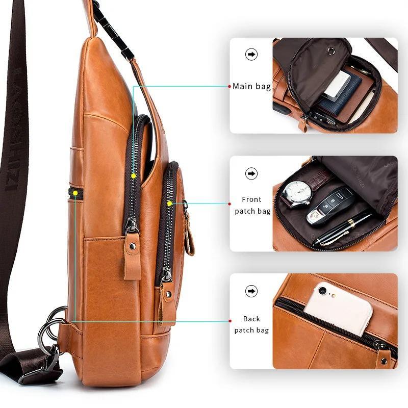 New 100% Genuine Leather Chest Bag Men's Fashion Style Casual Crossbody Bags With USB Large Capacity Men's Shoulder Bag