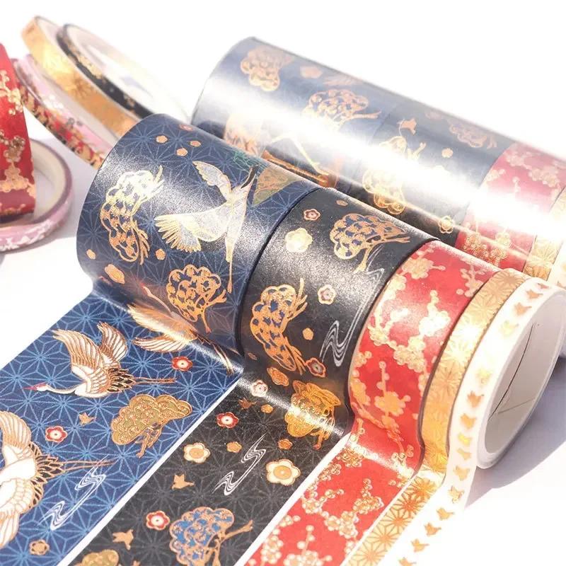 5 Roll Set DIY Creative Decoration Chinese Style Masking Tape Hot Stamping Crane Paper Antique Hand Ledger Tape Lipstick Sticker