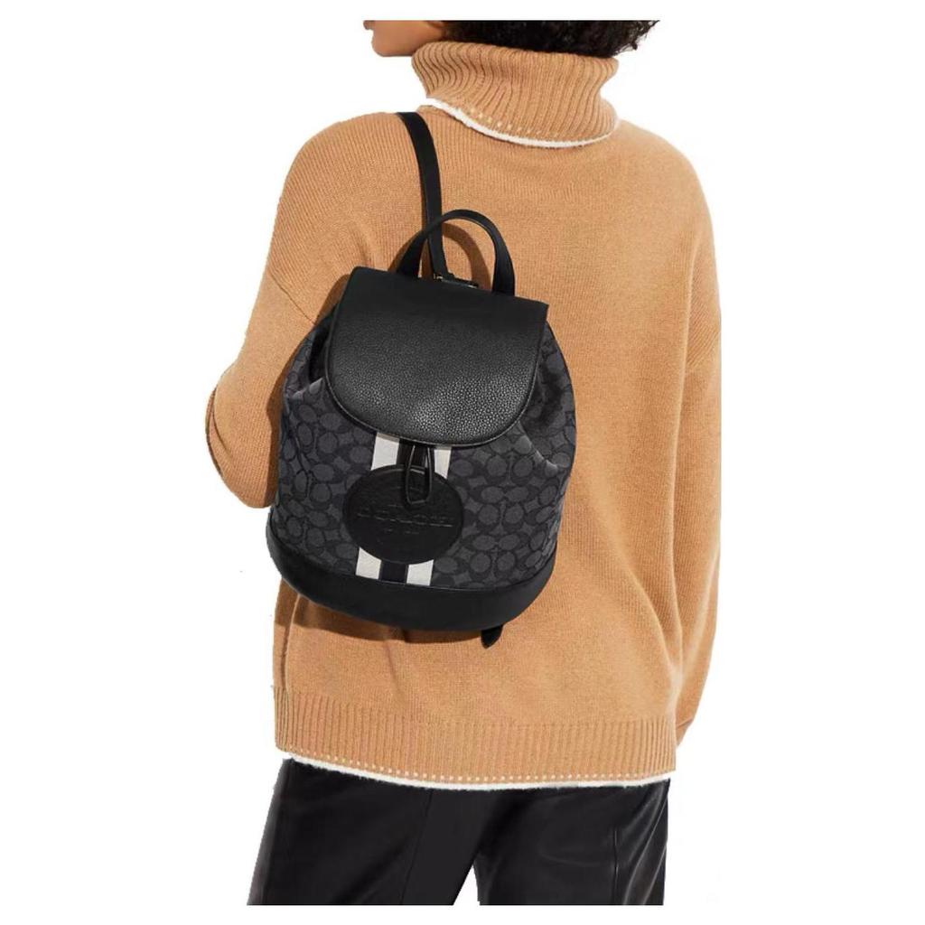 Coach Dempsey 26 Classic Monogram Drawstring Snap Closure Fabric And Pebble Leather Backpack Medium Women backpack Black CE601-SVRT6