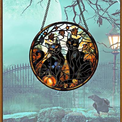 Halloween Luminoso Acrílico Circular Design Abóbora Gato Preto Pendurado Parede Varanda Decoração de Casa Pingente de Janela