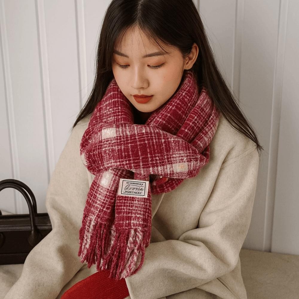 Sweet Winter Knitted Scarves New Year Red Long Shawl Warm Plaid Wool Scarf  Student