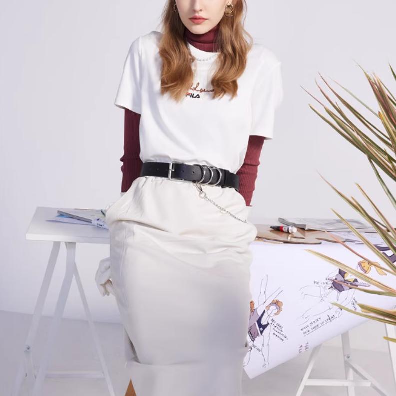 FILA Logo Print Loose Fit Round Neck Short Sleeve T-Shirt Women tops White F51W328102F-WT