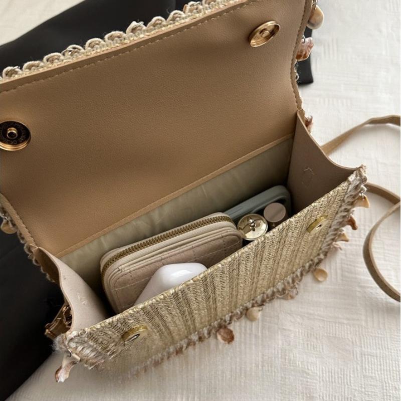 Shell Tassel Straw Shoulder Bags for Women Simple Ladies Woven Square Messenger Bags Casual Female Beach Flap Handbags Purse