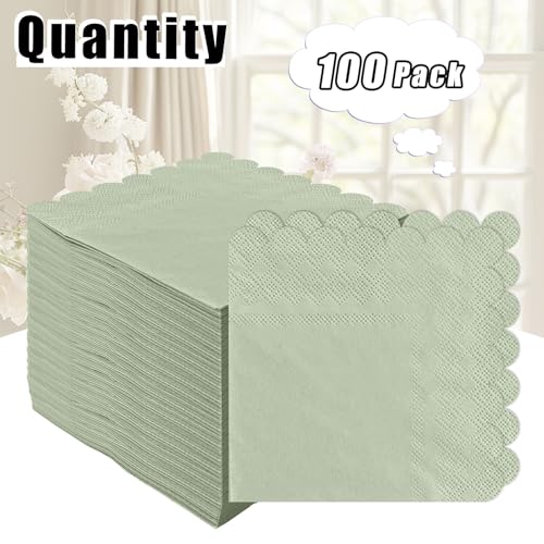 Sage Green Fan-Fold Disposable Napkins — Beverage and Dinner Napkins for Restaurants Weddings and Birthday Parties — 25 X 25cm 100PCS