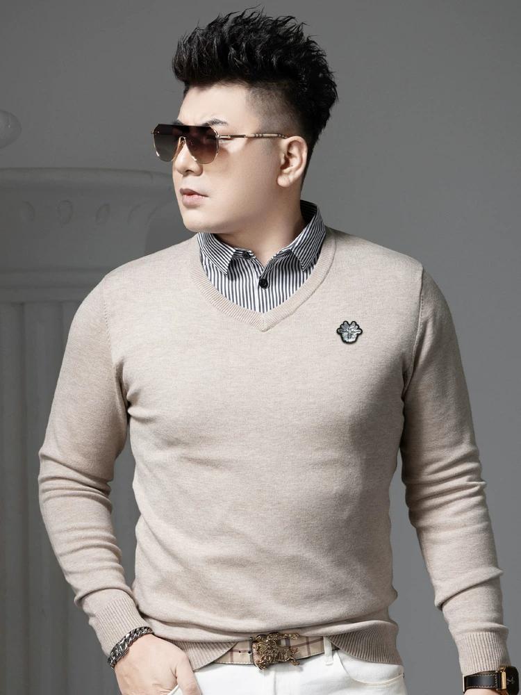 

European Style Trendy Badge Fake Two-Piece Knit Sweater for Men, 2025 Autumn and Winter New Long-Sleeve Warm V-Neck Sweater 3XL хаки