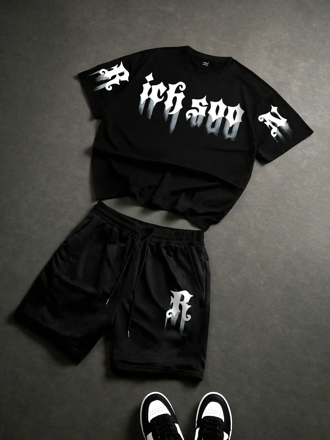 Sommer Neu Herren Kurzarm-Shorts-Set mit 3D-Buchstabenmuster-Druck - Street Casual Mode Bequem und Weich 2XL black