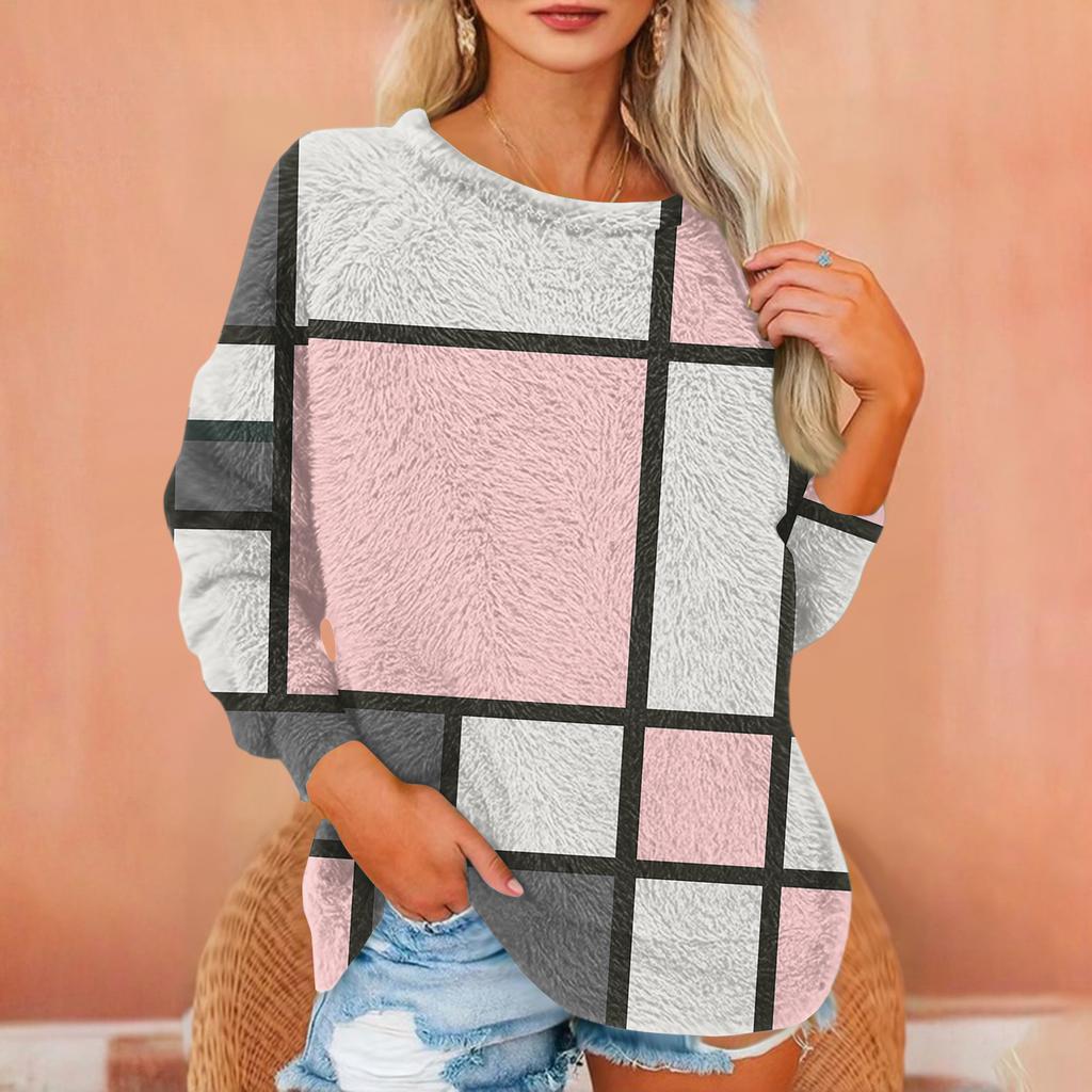 Women's T Shirt Flannel Print Tunic Long Sleeve Party Round Neck Tops