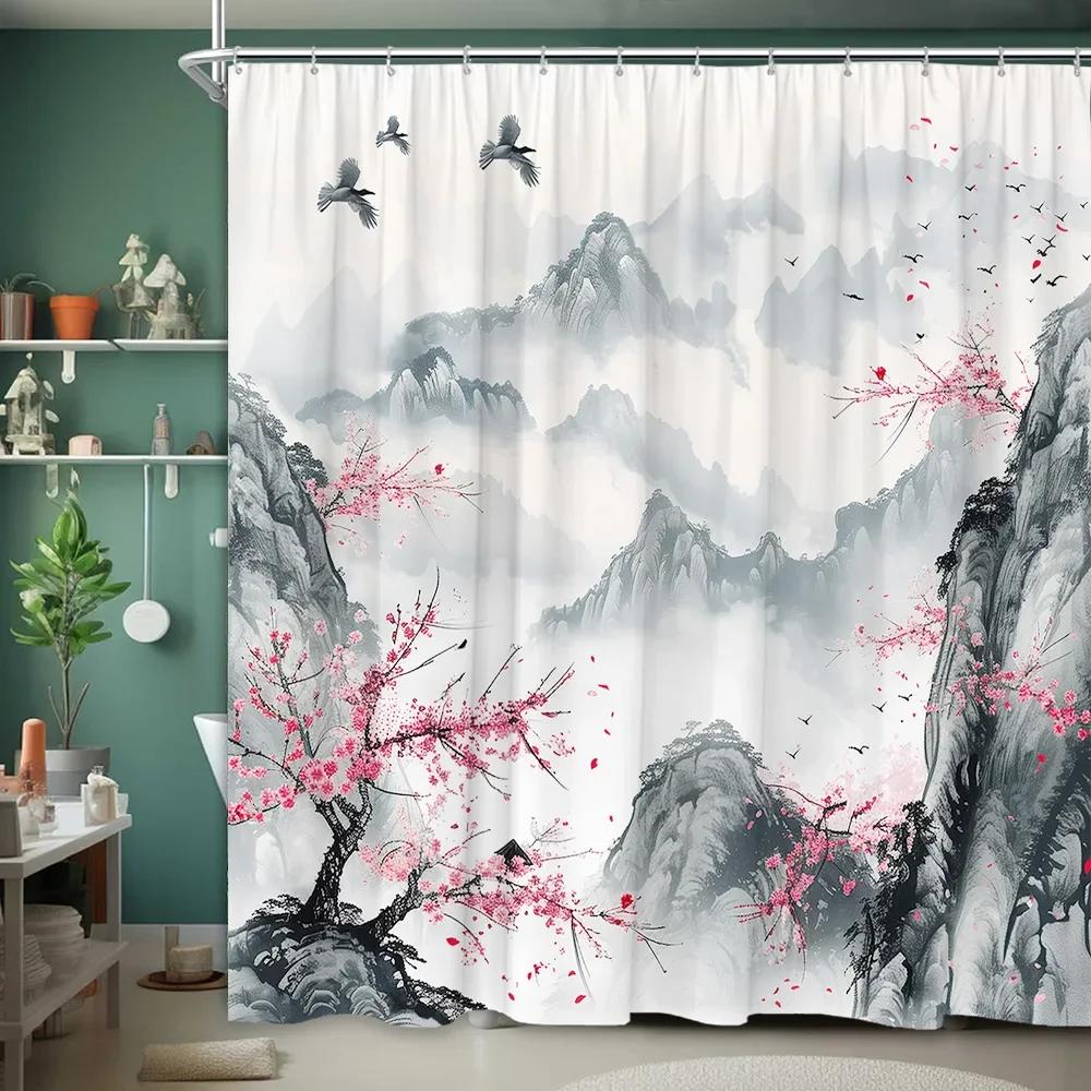 Asian Scenery Shower Curtain Koi Cherry Blossom Vintage Bird Lotus Mountain Ink Painting Polyester Fabric Bathroom Decor Curtain