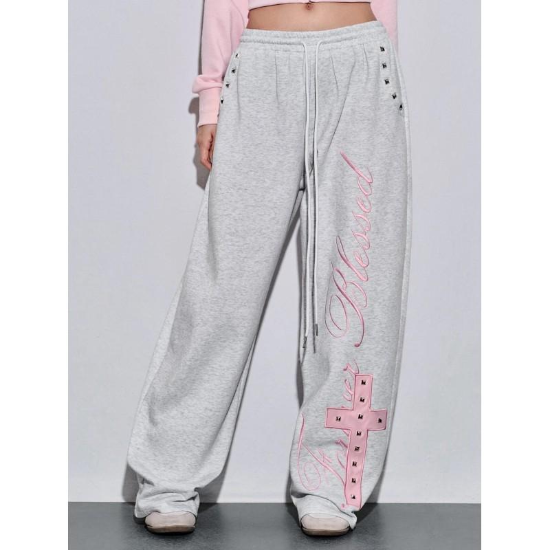 Y2K Cross Rivet Embroidered Sweatpants Women Loose Straight Leg Casual Track Pants