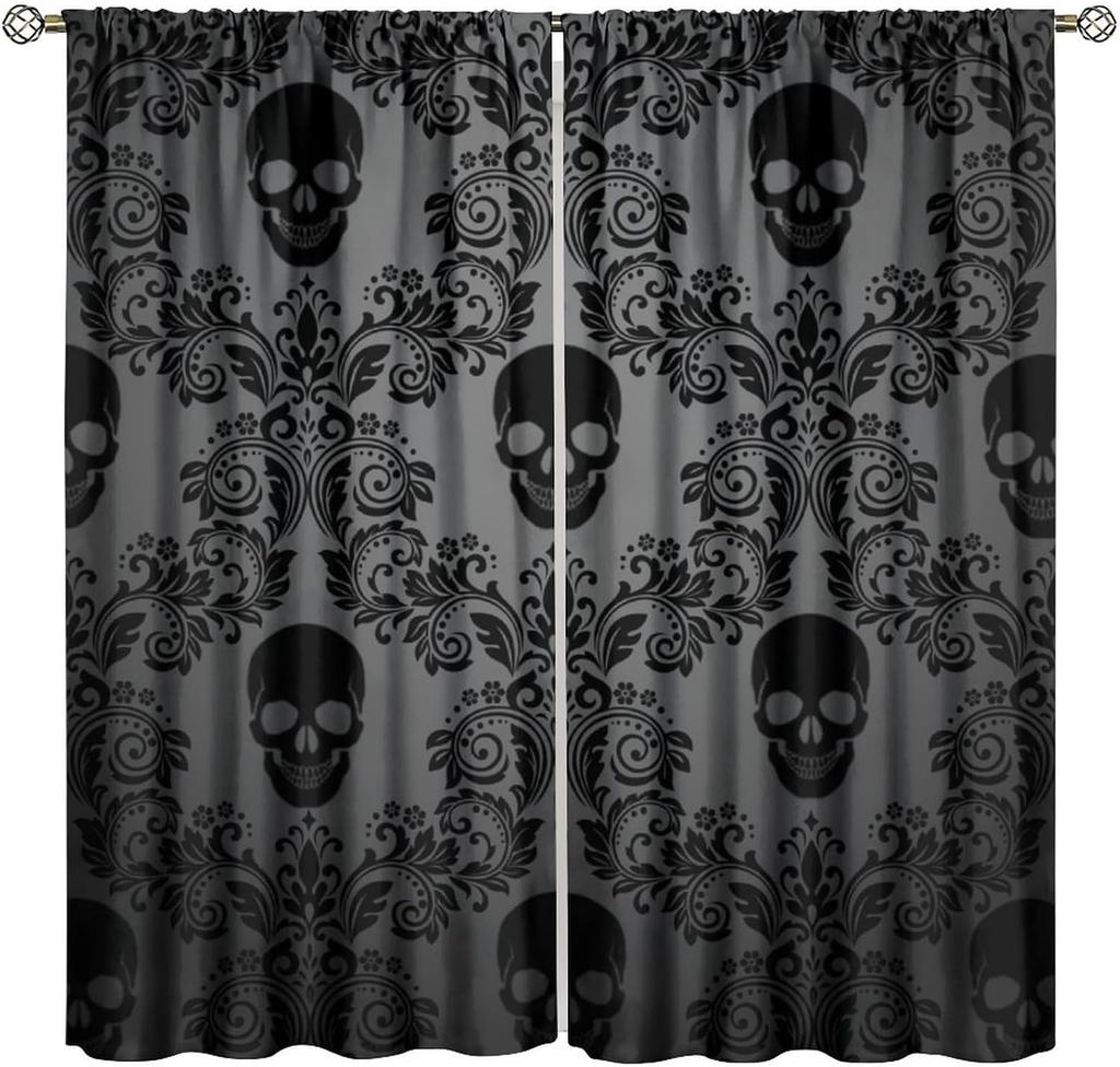 Gothic Black Damask Curtain Vintage Floral Exotic Suger Skull Window Treatments Bedroom Bone Skeleton Antique Bohemian Polyester Washable Ready