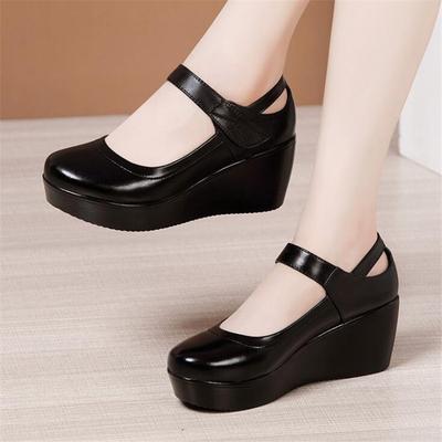 Spring Fashion Round Toe Wedge Pumps Women Shoes Thick Bottom Leather Shoes Women Platform Pumps Ankle Strap Black High Heels