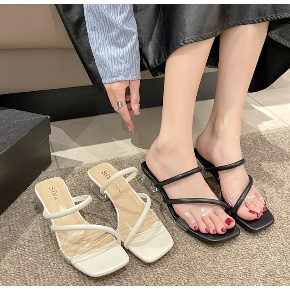 Women Sandals Ladies Square Heels Elegant Summer Slippers Outside Cross Tied Leather Female Slides Woman Sandals
