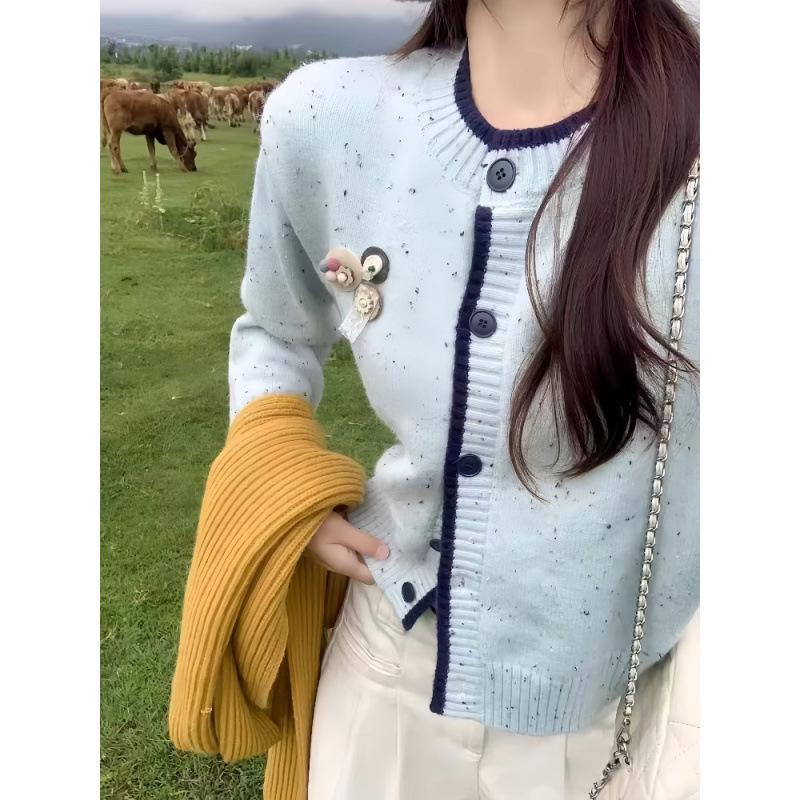 Women's Color Dot Crew Neck Knit Cardigan - Autumn/Winter 2026 Petite Cartoon Sweater Coat in Lazy Style Design.