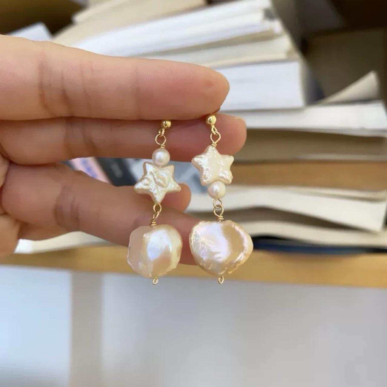 Handmade Baroque Natural Pearl Stud Earrings Homemade Earrings Ornament Star Petals Silver Needles Irregular Silver needle