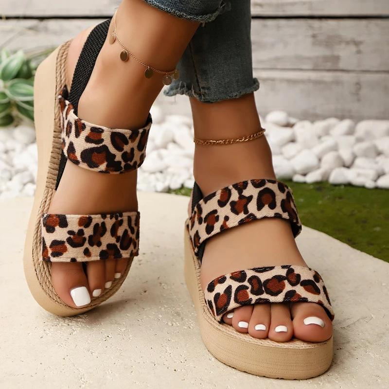 Women's Leopard Print Wedge Sandals Fashion Elastic Cloth Platform Sandals Woman Summer 2025 Lightweight Thick Sole Beach Shoes