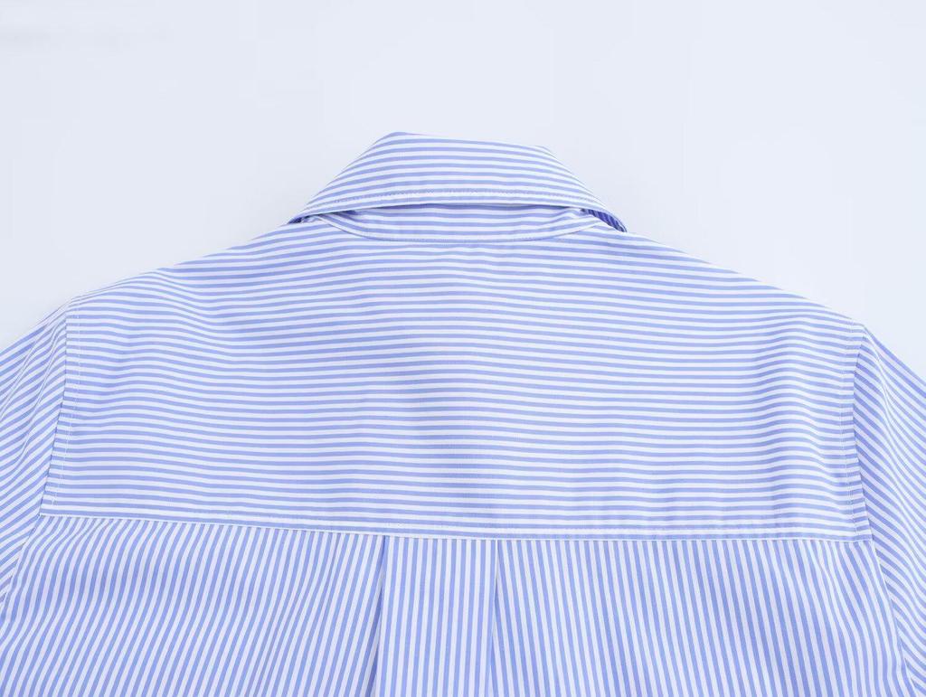 2025 Spring/Autumn Floral Print Blue Striped Loose Fit Long Sleeve Shirt with Turn-Down Collar