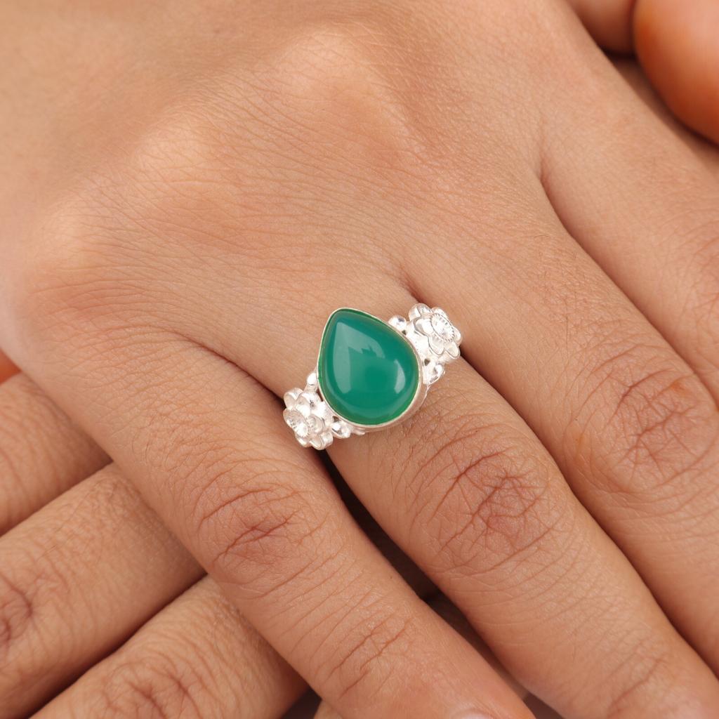 Green Onyx Gemstone 925 Sterling Silver Handcrafted Jewelry Wedding Ring For Her RR-59-34