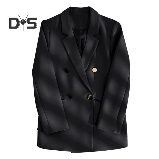 Женский пиджак с лацканами, длинный рукав, двубортный повседневный кардиган, куртка, универсальная однотонная деловая верхняя одежда S чёрный