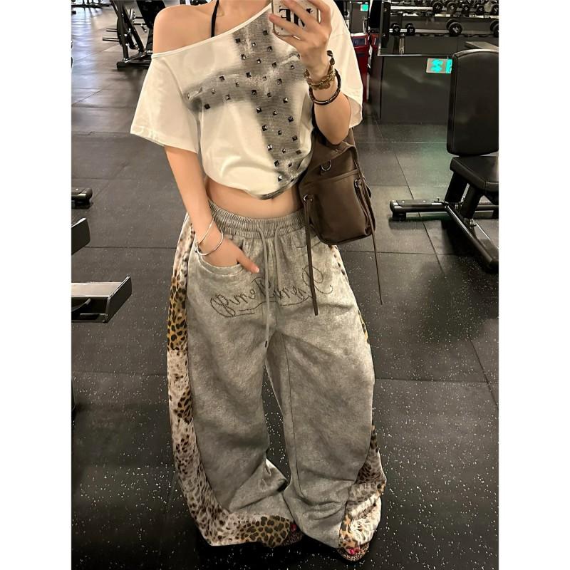 Womens Retro Leopard Patchwork Wide Leg Pants Loose Casual Streetwear Trousers