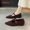 Aphixta 2.5cm Height Increasing Women's Mary Janes Sewing Dec Cow Suede Upper Flats Pointed Toe Autumn Korean Style Ladies Shoes