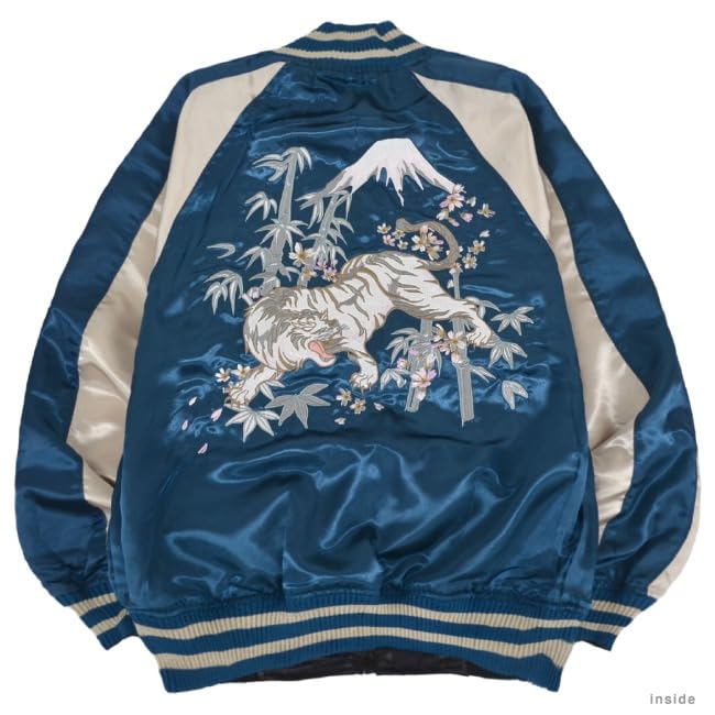[Yoshida Yu] Reversible Sukajan Jacket, 2-Way Japanese Tiger Embroidery Long Sleeve Souvenir Bomber Outerwear, Black, size L