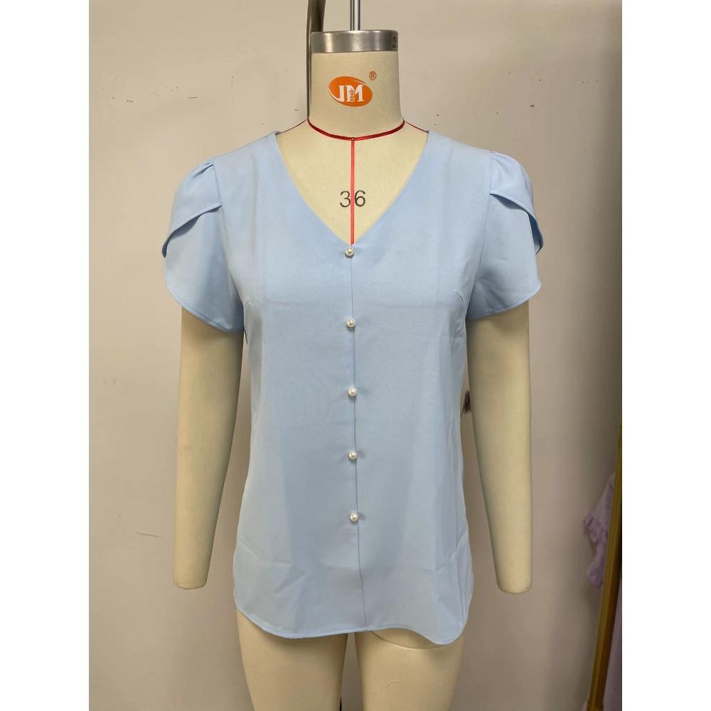Women's V Neck Petal Short Sleeve Blouse Loose Fit Faux Pearl Button Decor Casual Summer Chiffon Top