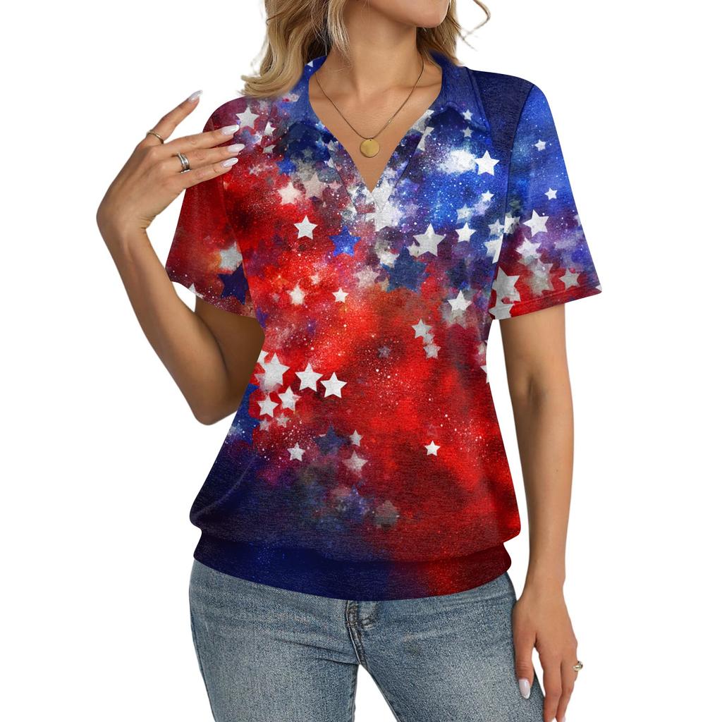 Women's Casual Short Sleeve Collared Shirt Independence Day Stars and Stripes Print V Neck Top for Summer