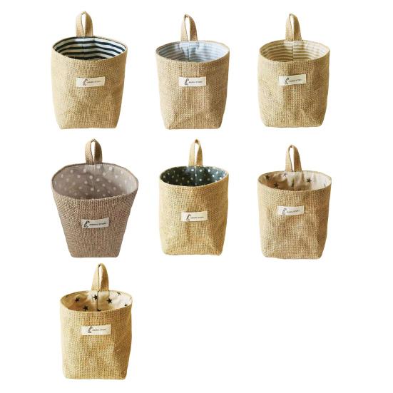 Cotton Linen Hanging Storage Bag Wall Mounted Storage Basket Small Folding Storage Bag with Handle for Keys Toys Cosmetics
