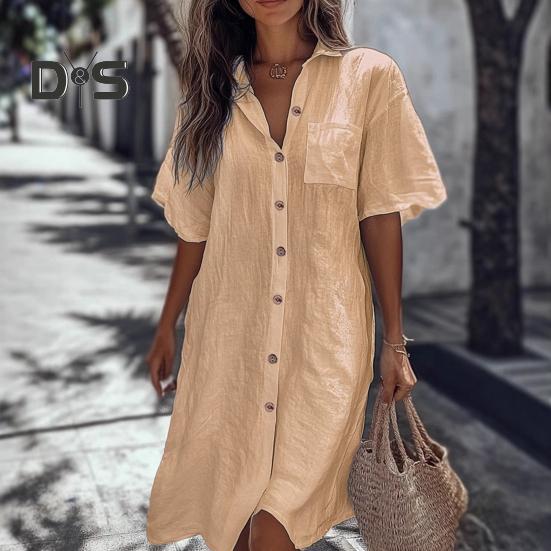 Dámská košile s klopami, krátkým rukávem, ležérní, dojížděcí styl, jednobarevná, volného střihu, knoflíková léga, pracovní košile